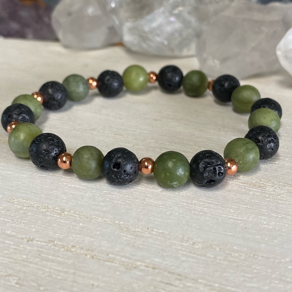 2/$30  8mm Jade & Lava Gemstone Bracelet with Copper Toned Accents - Unisex - Picture 3 of 3